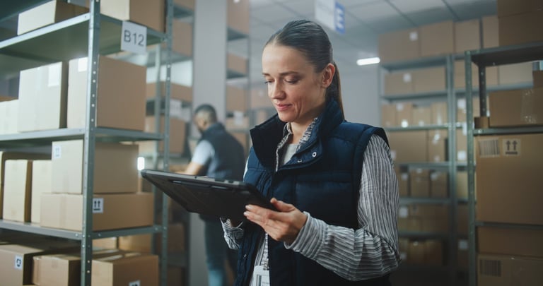 Female inventory manager in warehouse facility using tablet computer
