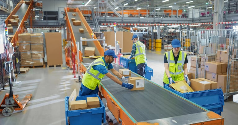 Team of workers in a busy warehouse organizing parcels