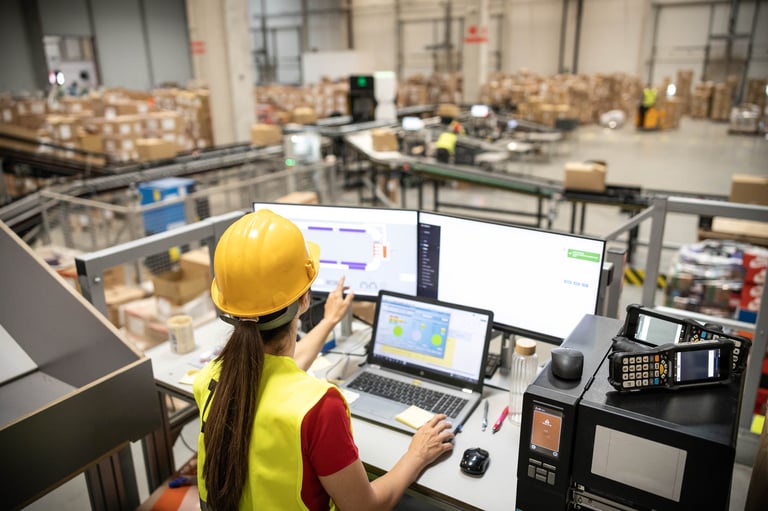A woman analyzing real-time data on her computer within a warehouse