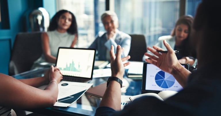 Finance hands and tablet screen with business people in office boardroom