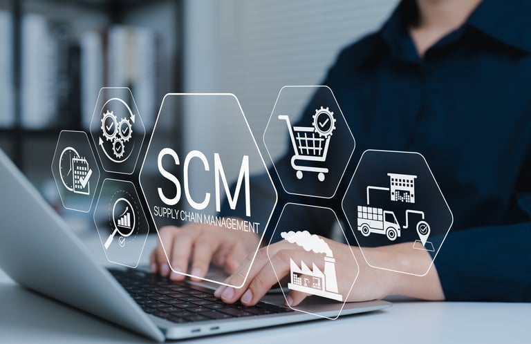 SCM Supply Chain Management concept with icons representing logistics and procurement