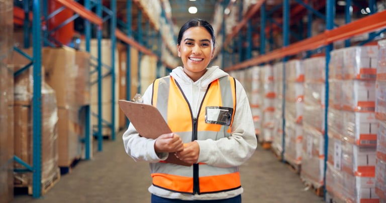 Logistics, portrait and woman with clipboard in warehouse