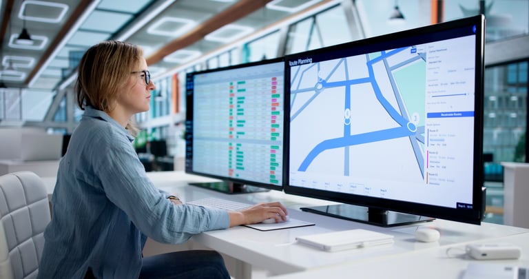 Efficient woman logistics coordinator using route planning app on computer