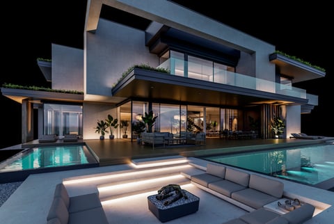 Modern luxury hotel exterior at night